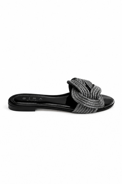 Sira Official Marea Black Stone Embroidered Slippers
