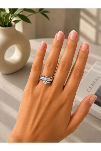 MARE BUTİK Stoned Triple Look Silver Steel Ring