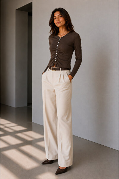 peralist Women's Brown Front Buttoned Long Sleeve Slim Viscose Fabric Cardiga...