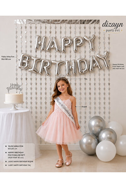 Dizayn Parti Evi Happy Birthday Gümüş Doğum Günü Süsleme Seti – Yıldız Arka F...