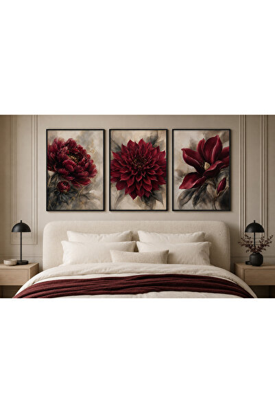 TekTablo Red Flowers 3 Piece Painting Set, Wall Decoration