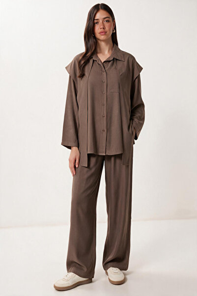 Lovelyİstanbul Scarf Detailed Gabardine Shirt and Trousers Set Lby0070 Vi̇zon