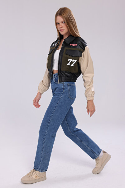 CHOS7N Women's Double-Capped Faux Leather Waist Elasticated Front Denim Gabardine Printed Coat Street Fashion Zipper Jacket