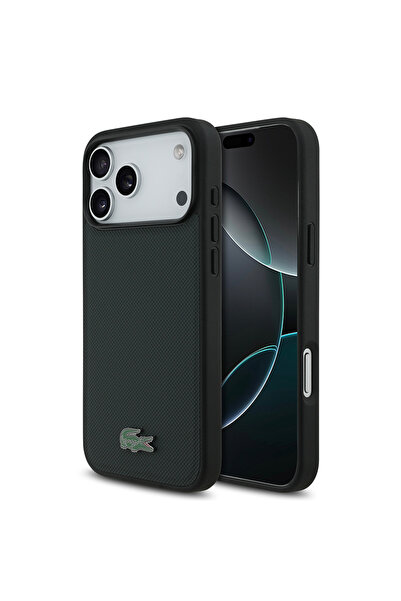 Lacoste iPhone 18 Pro Max Kılıf Lisanslı M-safe Uyumlu PU Pike Desenli Metal ...