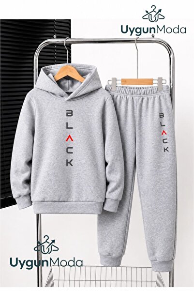 UygunModa Black Yazi Printed Hooded Thick Cotton Inside Padding Tracksuit wit...