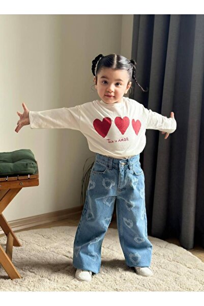 Parskidswear Kot Denim Lazer Kesim Kalpler ve Simli Baskı Kalpli Jean Kız Çoc...