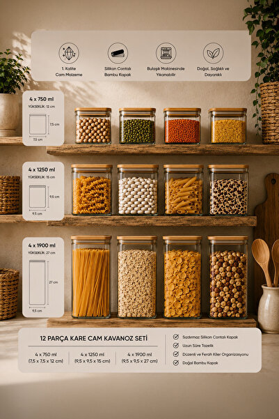Porsima 12'li Kare Bambu Ahşap Kapaklı Borosilikat Cam Kavanoz Seti –Erzak & Baharatlık Seti 1900 ml, 1250 ml, 750 ml