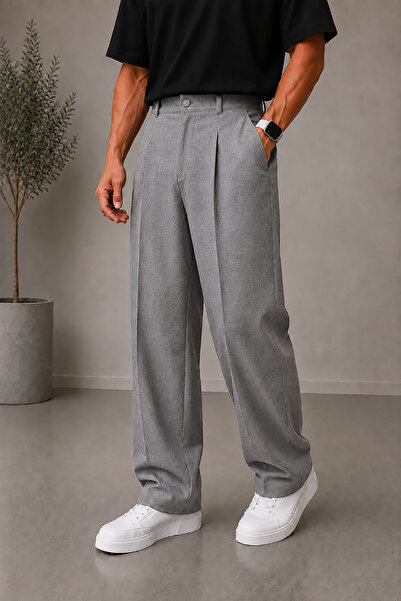Montivo Men's Gray Baggy Fabric Trousers Loose Fit Straight Leg