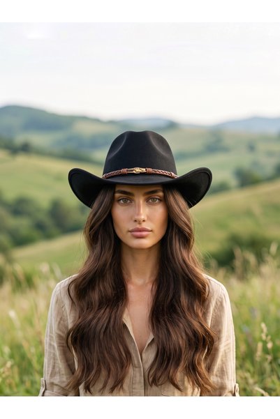 Gigi Luxe Γυναικείο Μαύρο Καουμπόικο Καπέλο Western με Δερμάτινο Διχτυωτό Λου...