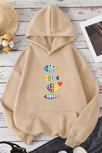 uyguntarz Unisex Fish Printed Oversize Hoodie Hooded Sweatshirt