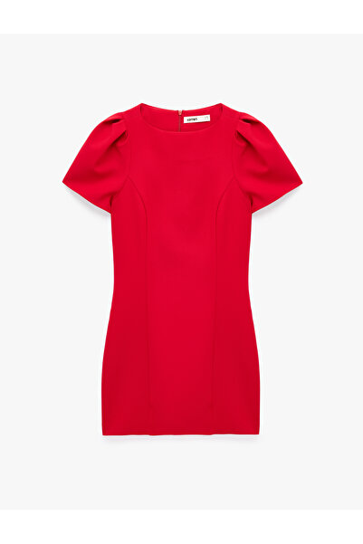 Koton Crew Neck Short Balloon Sleeve Mini Dress with Stitching Detail