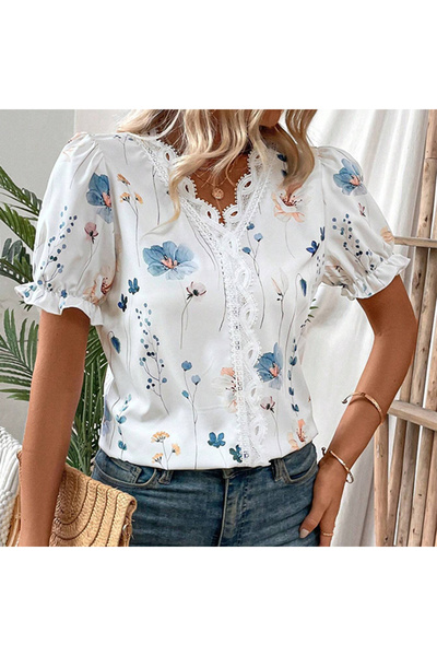 dorbe Women's White Floral V-Neck Short Sleeve Blouse