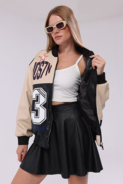 CHOS7N Women's Oversized Printed Leather Biker Coat Zippered Racer Jacket Lined Bomber College Coat