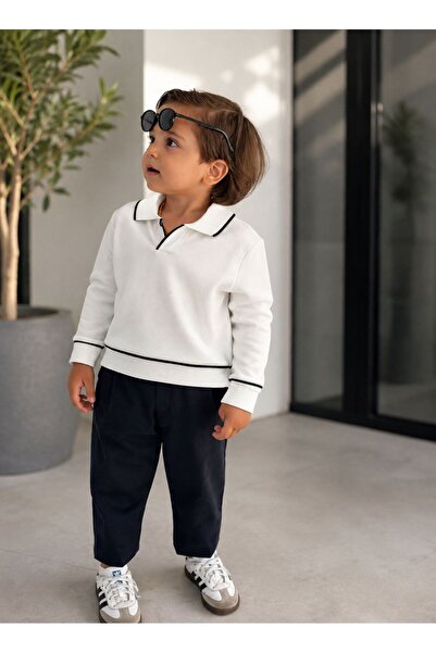 favorimkids Boy's White Polo Collar Sweatshirt and Pants 2-Piece Set