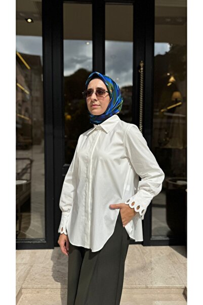 Almarwah Black 101036 Manşet Detay Kadın Gömlek Beyaz