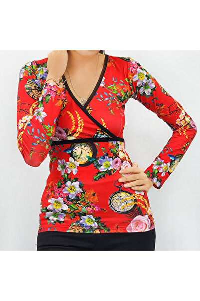 dorbe Women's Red Floral V-Neck Long Sleeve T-Shirt