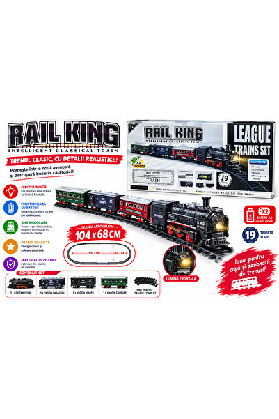 SHOP LIKE A PRO Set Tren Electric Rail King, 19 Piese, Locomotivă cu Lumină +...