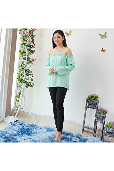 dorbe Women's Light Green Halter Neck Long Sleeve Blouse