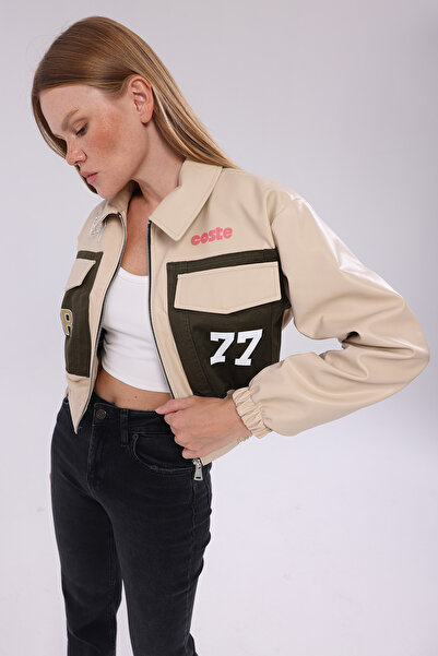 CHOS7N Women's Double-Capped Faux Leather Waist Elasticated Front Denim Gabardine Printed Coat Street Fashion Zipper Jacket