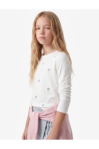 Koton Long Sleeve Crew Neck Cotton T-Shirt with Bow and Stone Detail