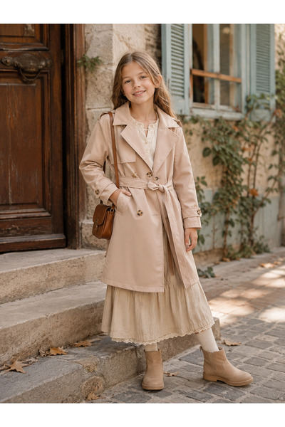 STYLENEST Kız Çocuk Bej Trençkot Kemerli Kuşaklı Düğmeli Baharlık Mont