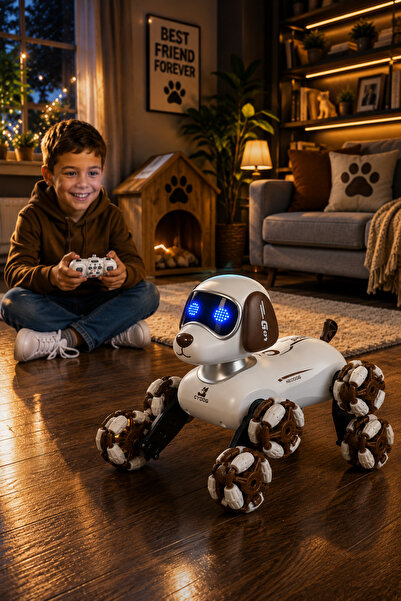 hak-iş oyuncak Uzaktan Kumandalı Şarjlı Robot Köpek Kahverengi-Beyaz | Merdiven Çıkabilen Hareketli Oyuncak