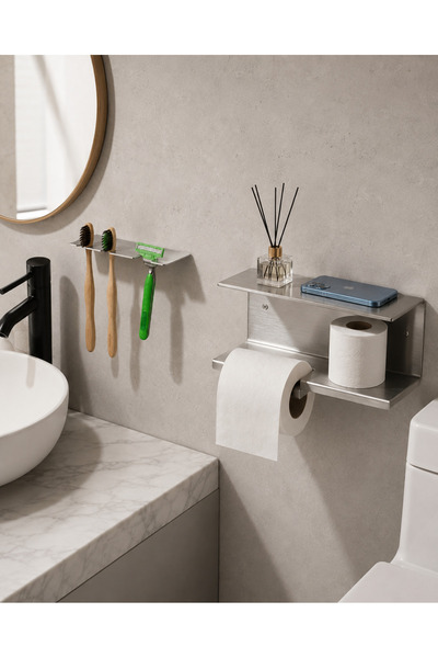BERT Paslanmaz Çelik Banyo Seti 2’li – Telefon Raflı Tuvalet Kağıtlığı + Diş ...