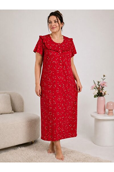 Alize Moda Short Sleeve 100% Cotton Plus Size Floral Patterned Women's Nightgown