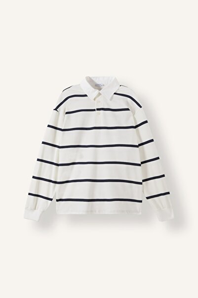 DeFacto 100% Cotton Relax Fit Striped Polo Collar Long Sleeve Sweatshirt H503...