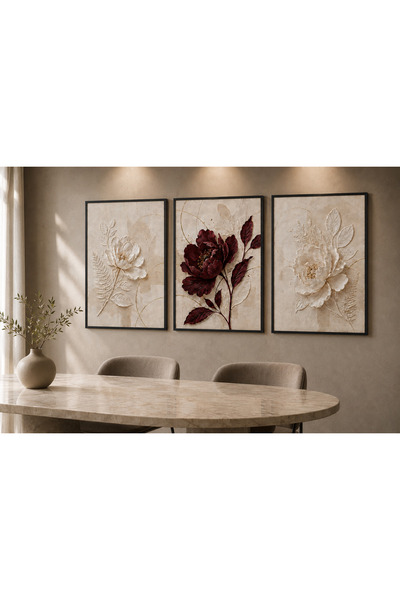 TekTablo Embossed Look 3 Piece Tablecloth Burgundy Cream Color with Floral De...