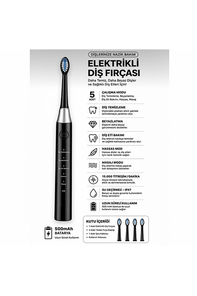 auhma AMF13 Siyah Şarjlı Elektrikli Diş Fırçası 5 Modlu IPX7 Su Geçirmez 4 Ye...