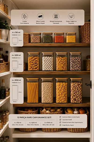 Porsima 12'li Kare Bambu Ahşap Kapaklı Borosilikat Cam Kavanoz Seti –Erzak & Baharatlık Seti 1900 ml, 1250 ml, 750 ml