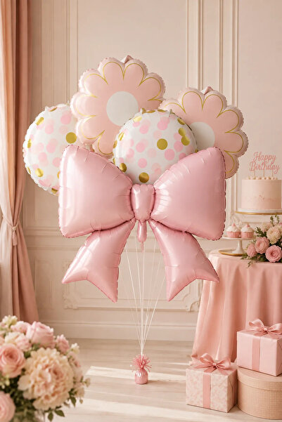 Atölye Mi Set of 5 Pink Bow Flowers and Polka Dot Balloons