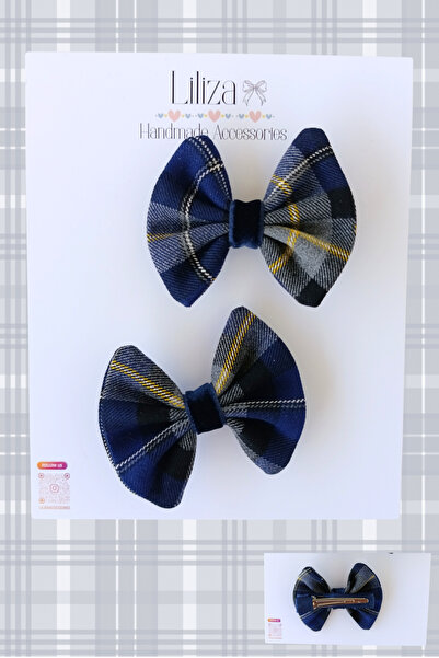 Liliza Accessories Lacivert Ekoseli Mini Kare Fiyonk 2li Çocuk Klips Toka Seti