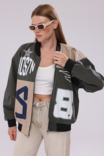 CHOS7N Women's Oversized Printed Leather Biker Coat Zippered Racer Jacket Lin...