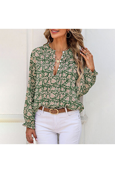 dorbe Women's Green Floral Long Sleeve Blouse