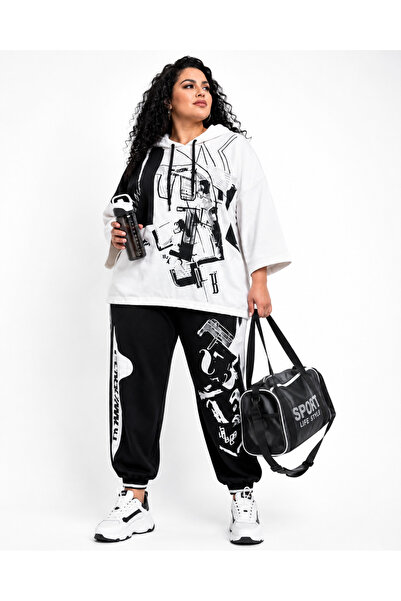 ROZZER Plus Size Hooded Printed Oversize Top with Jogger Pants Stylish Sports...