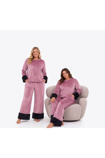 Alize Moda Long Sleeve French Velvet Fabric Winter Plus Size Women's Pajama Set