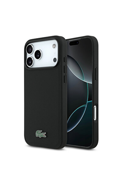 Lacoste iPhone 18 Pro Max Kılıf Lisanslı M-safe Uyumlu PU Pike Desenli Metal ...