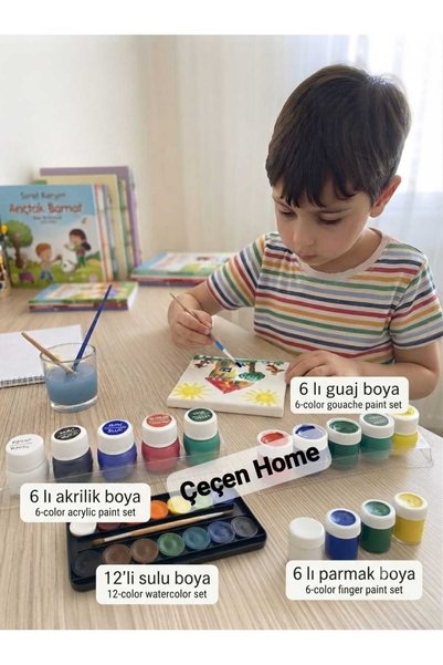 ÇEÇEN HOME Okul ve Resim Aktivite Seti - 6'lı Akrilik, 6'lı Guaj, 6'lı Parmak...