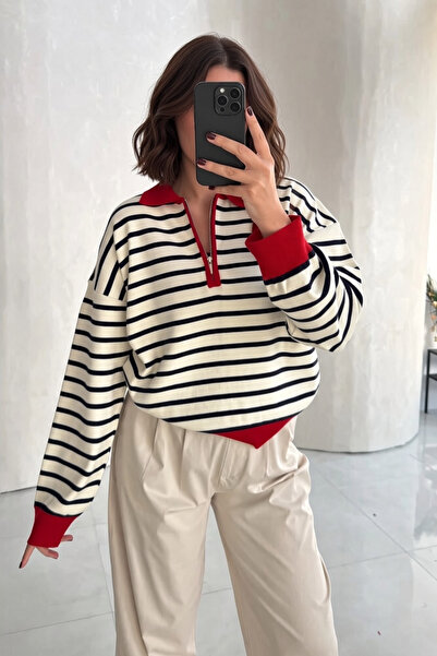 SHILSEE BEUTİQUE Red Collar Zipper-Detail Striped Sweater