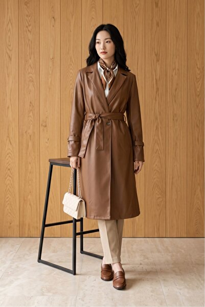 MODAQU Double Pocket Belted Leather Trench Coat Women's Tan