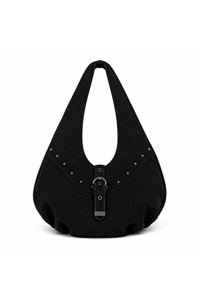 Elviora Noire Stud Kadın Siyah Süet Hobo Omuz Çantası – Silver Tokalı Metal D...