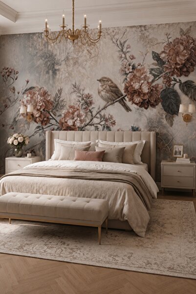 dreamwall Gümüş Bahçe Kuş ve Botanik Desenli Tek Parça Tekstil Duvar Kağıdı