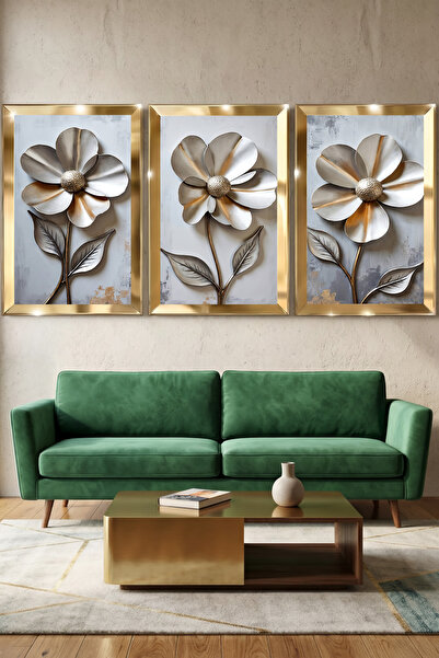 Luna Concept Gold Çerceveli Aynalı Pleksi Tablo 3'lü Set Metalik Çiçek Desenli