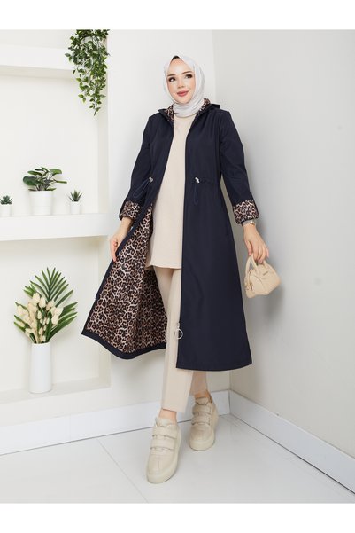 MEHDENEFE Leopard Print Inside Detail Hooded Trench Coat with Elastic Waist Mde1205010
