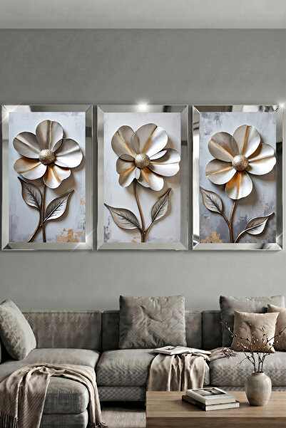 Luna Concept Gümüş Çerceveli Aynalı Pleksi Tablo 3'lü Set Metalik Çiçek Desenli