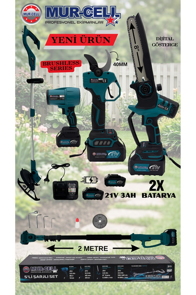 Mur-Cell 21V 3AH KÖMÜRSÜZ DİJİTAL GÖSTERGELİ 5'Lİ BAHÇE SETİ ŞARJLI MAKAS-ÇİM...