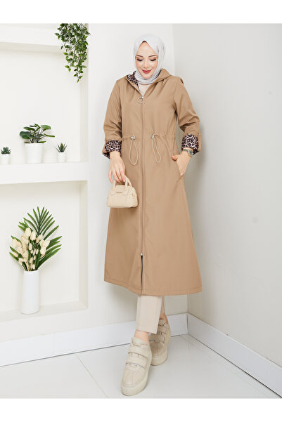 MEHDENEFE Leopard Print Inside Detail Hooded Trench Coat with Elastic Waist M...