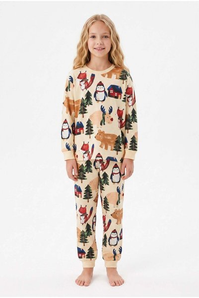 bunny hopp Girls' and Boys' Long Sleeve Pajama Set 100% Cotton Beige Winter Forest and New Year Pattern Combed Cotton